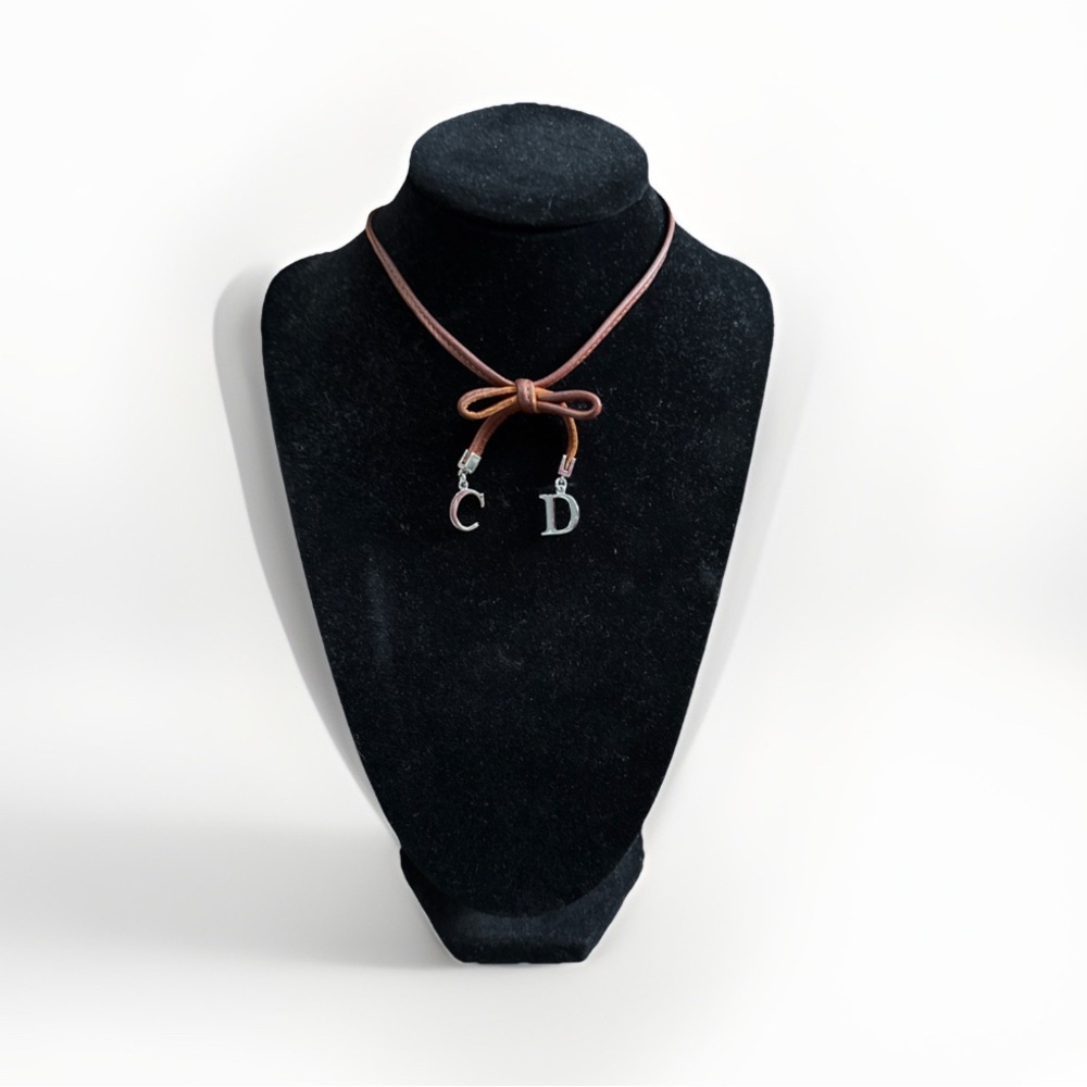 Christian Dior Vintage Bow Choker Necklace Logo CD Charm Brown Leather